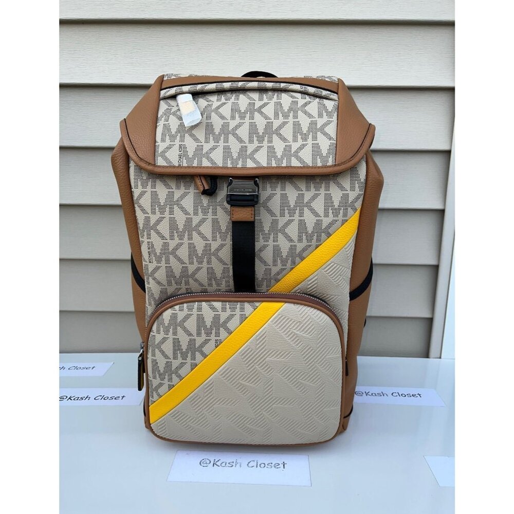 Michael Kors backpack mens cooper embossed leather logo stripe backpack chino